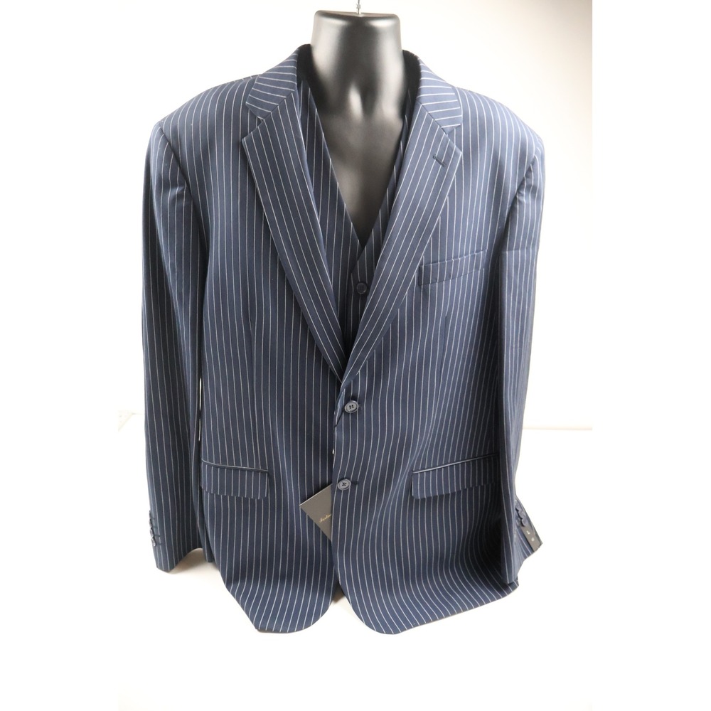 Fortino Landi 3 Piece Suit Pinstripe Navy Blue 46L 40W Super 150s NWT